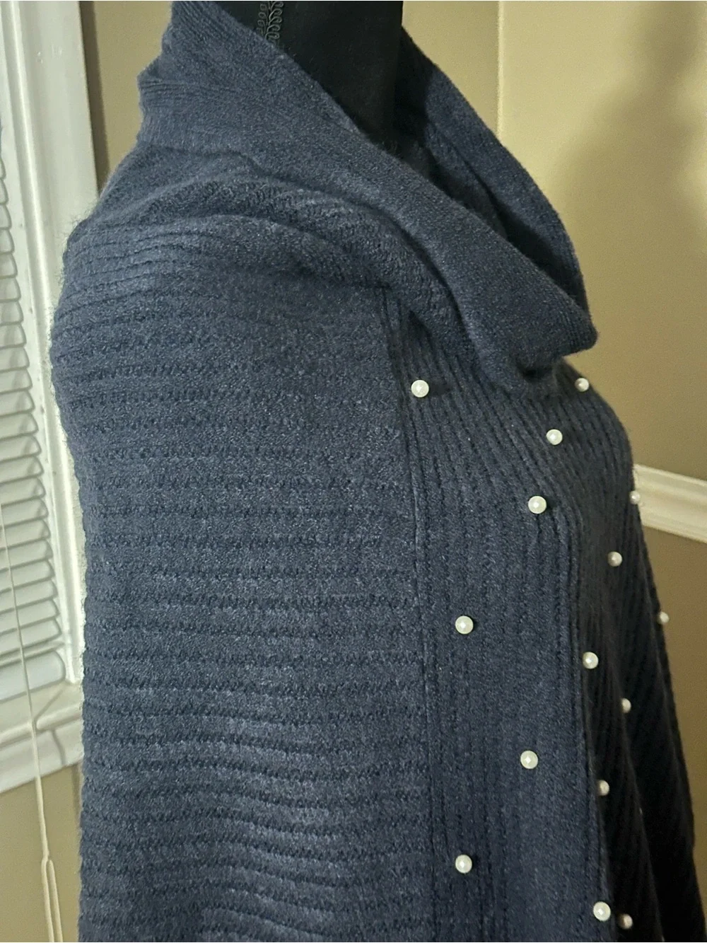 kathy ireland Navy Pearl-Embellished Cowl Neck Poncho Sweater - Picture 2 of 5